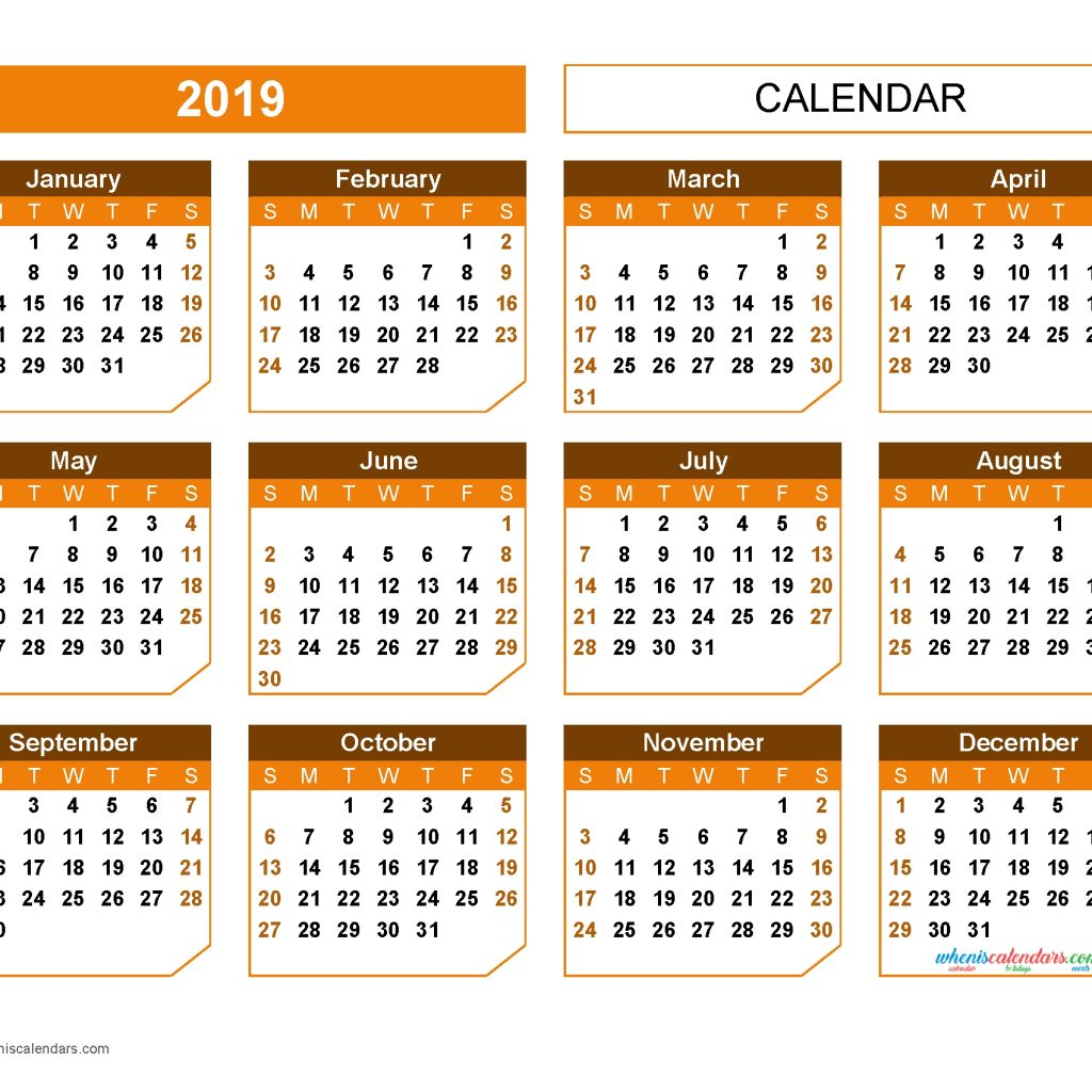 Printable 2019 Yearly Calendar Template Us Edition Chamfer