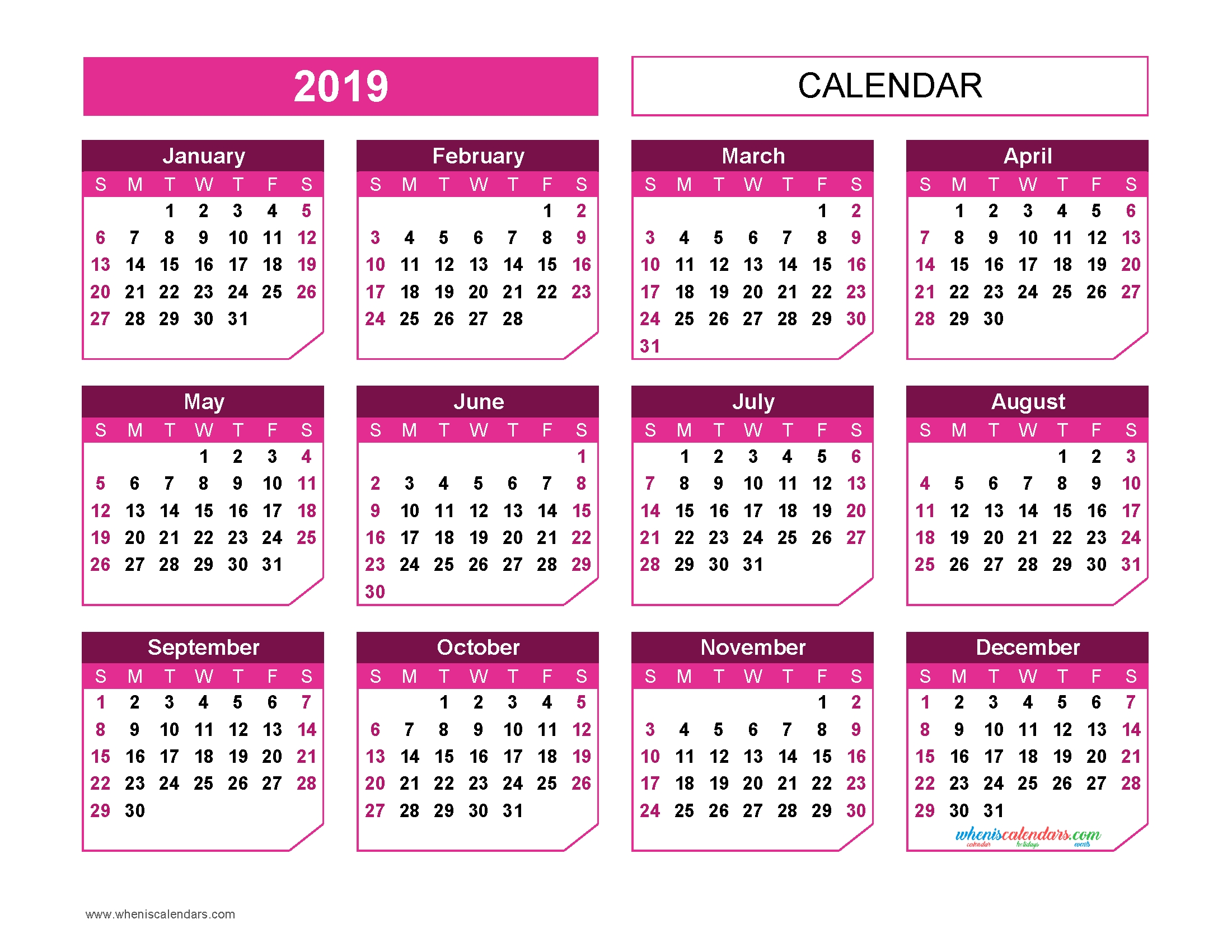 Printable 2019 Yearly Calendar Templates Us Edition Chamfer 