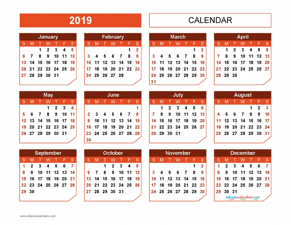 Printable 2019 Yearly Calendar Templates Us Edition Red Orange 