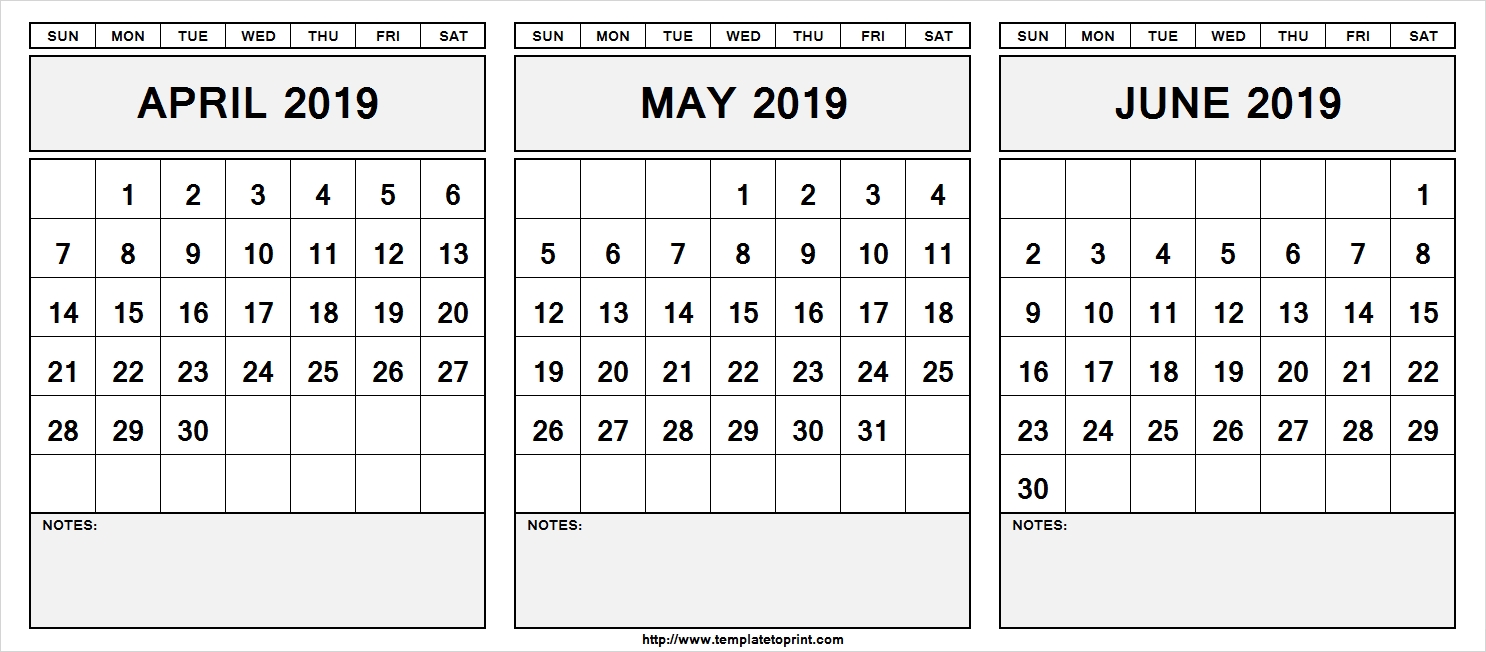 Printable April May June 2019 Calendar With Notes April May June