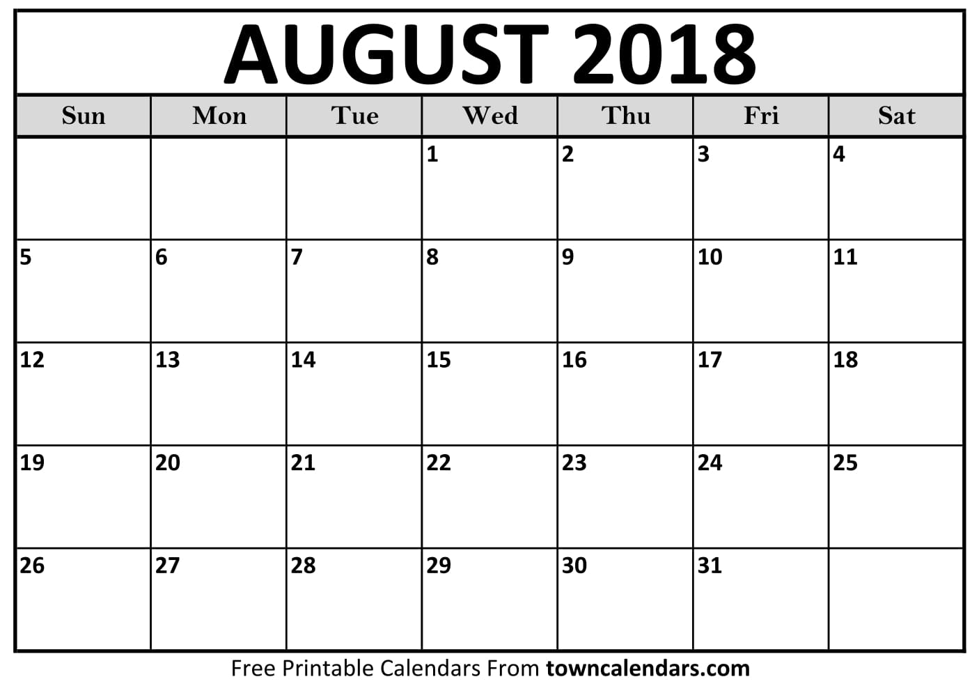 Printable August 2018 Calendar Towncalendars 