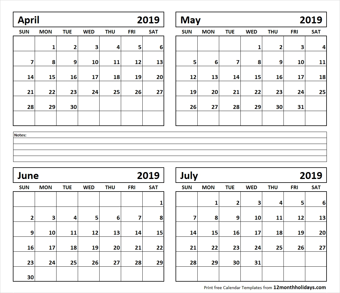 Printable Blank Four Month April May June July 2019 Calendar Template 