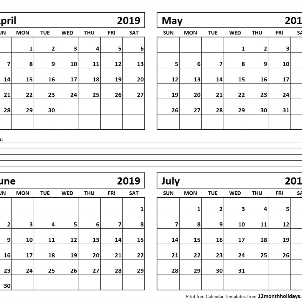 Printable Blank Four Month April May June July 2019 Calendar Template