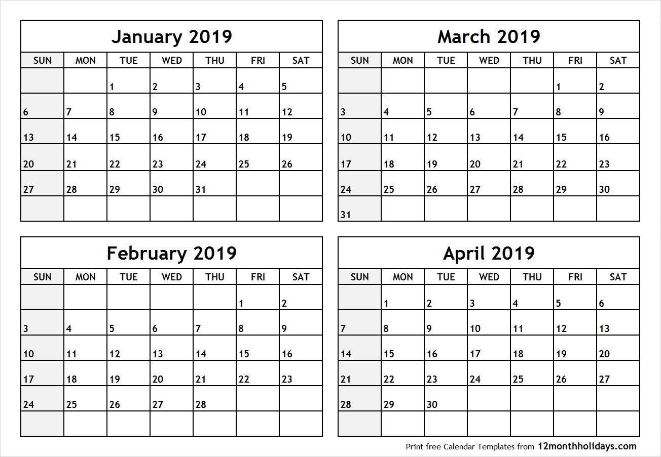 Printable Blank Four Month January February March April 2019 