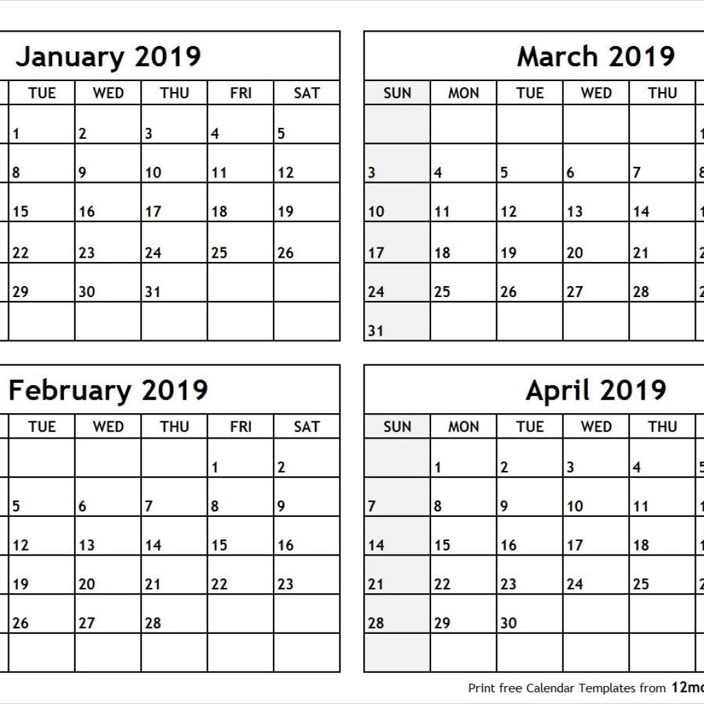 Printable Blank Four Month January February March April 2019