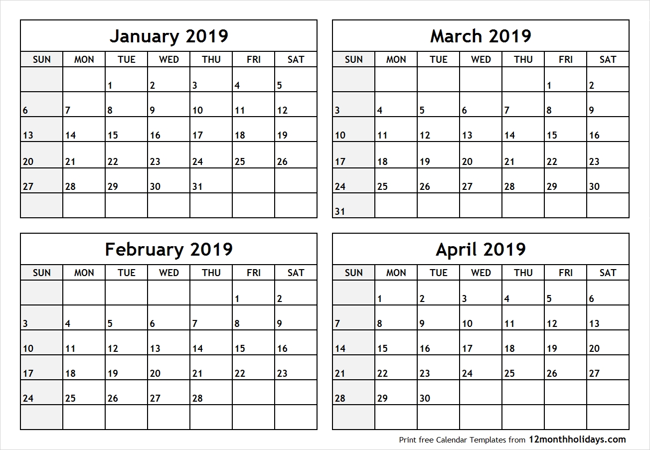 Printable Blank Four Month January February March April 2019 