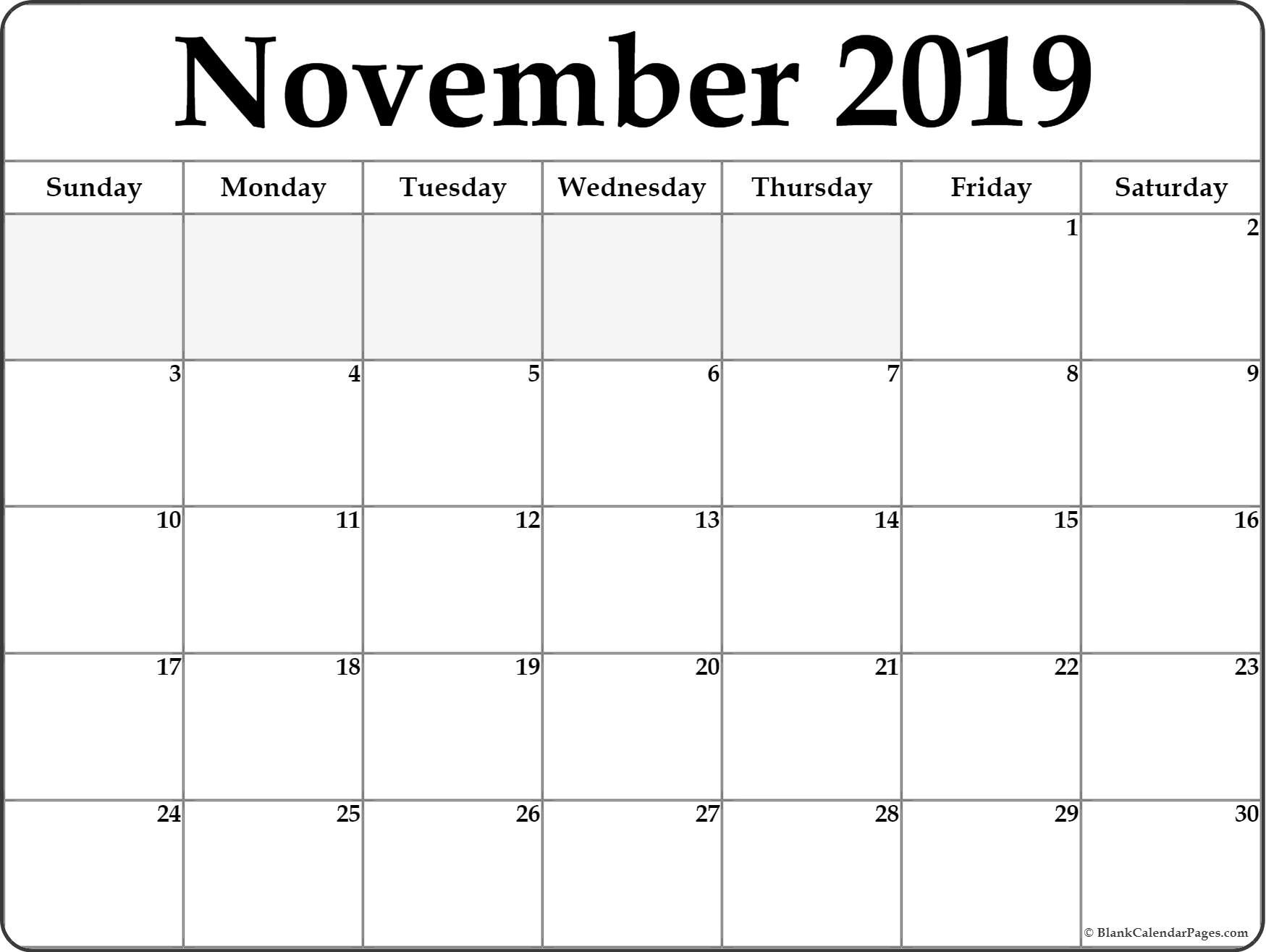 Printable Calendar 2019 November November 2019 Blank Calendar