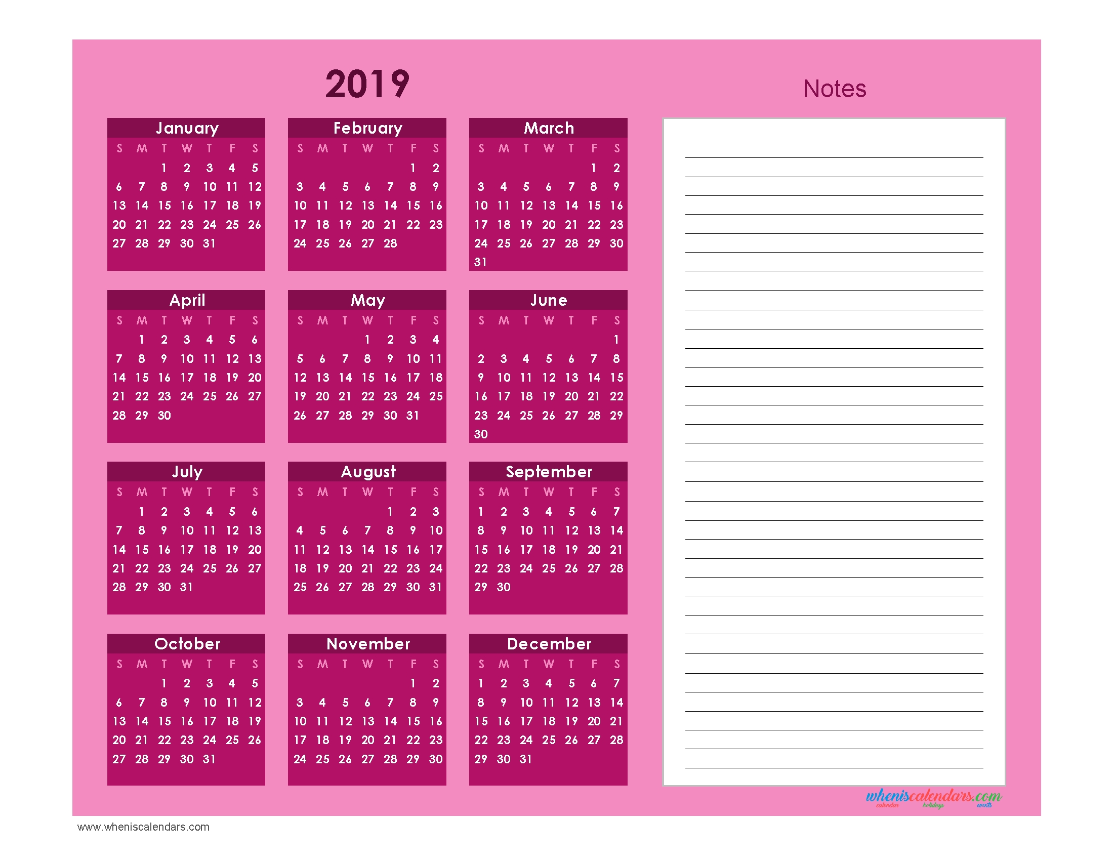 Printable Calendar 2019 With Notes Yearly Editor Ion Boardroom 