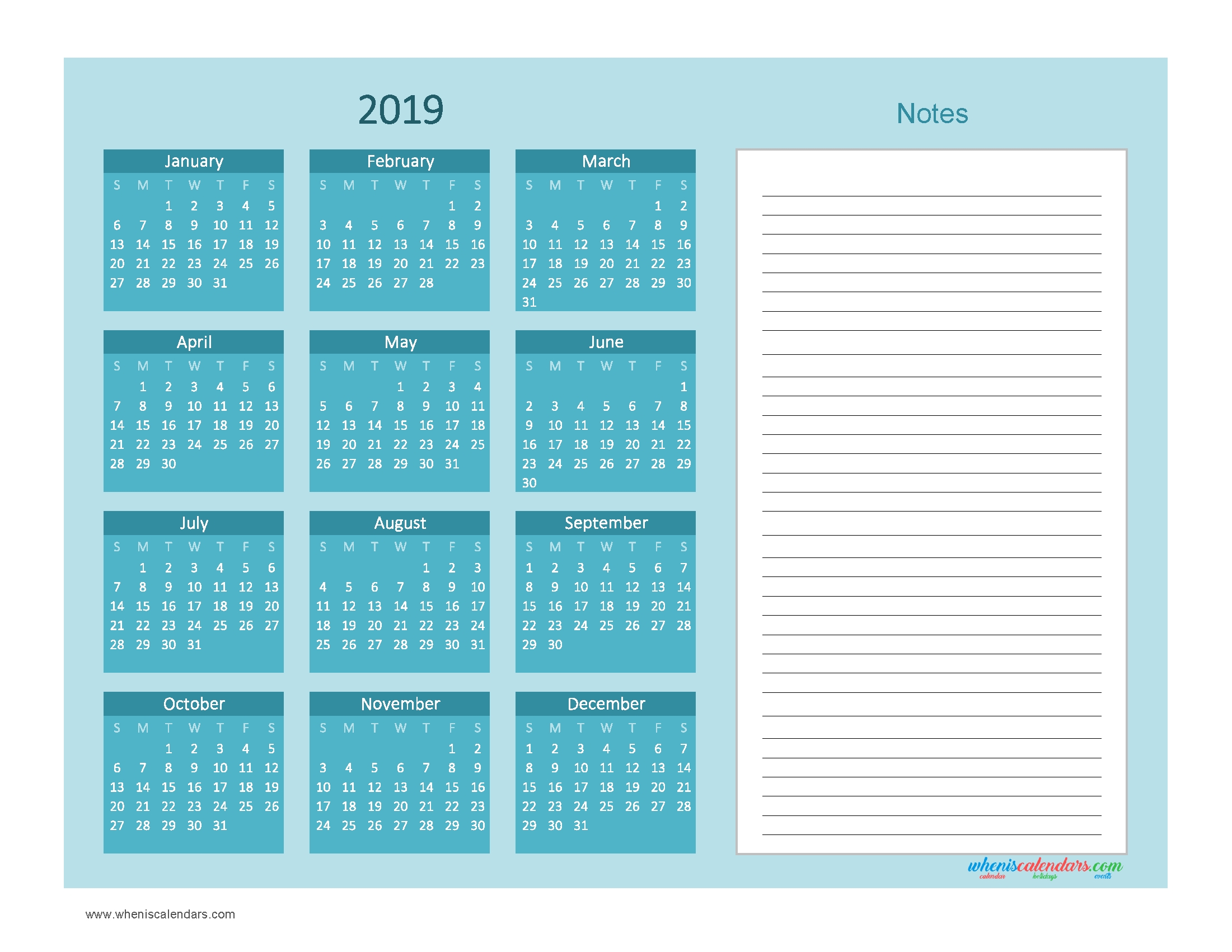 Printable Calendar 2019 With Notes Yearly Editor Metropolitan 