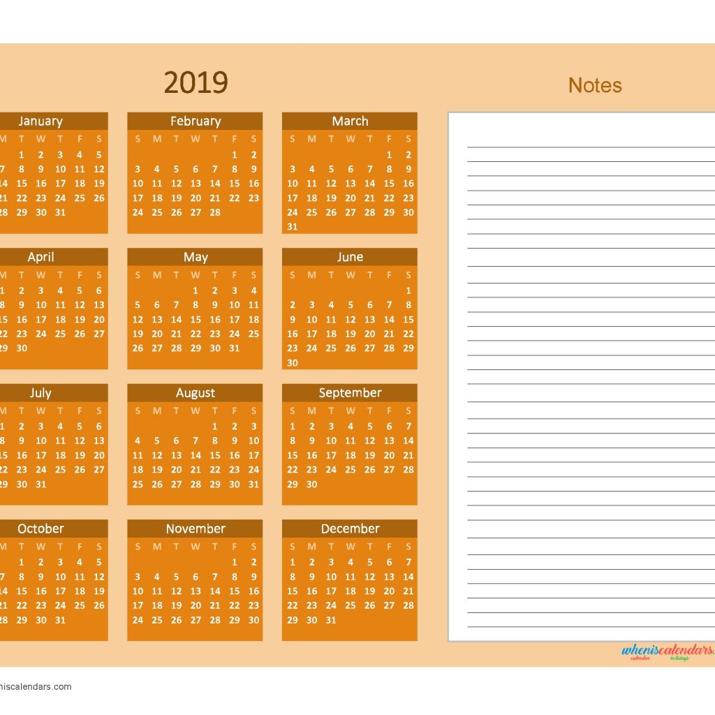 Printable Calendar 2019 With Notes Yearly Editor Orange Free