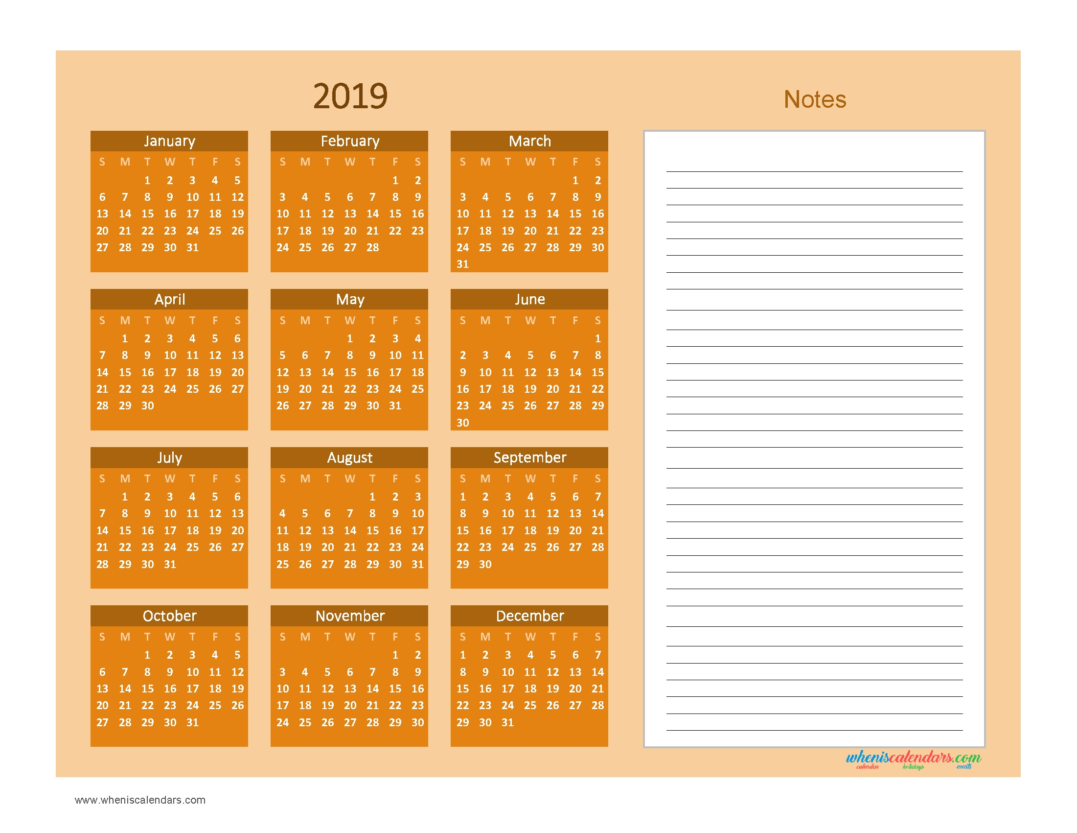 Printable Calendar 2019 With Notes Yearly Editor Orange Free 