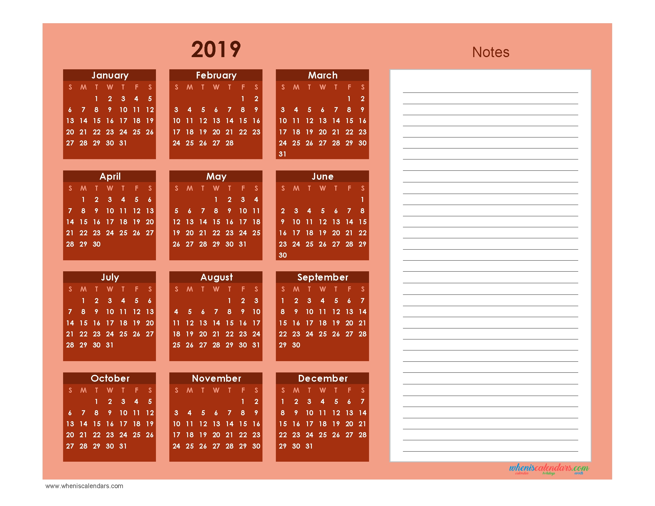 Printable Calendar 2019 With Notes Yearly Editor Theme Wisp 