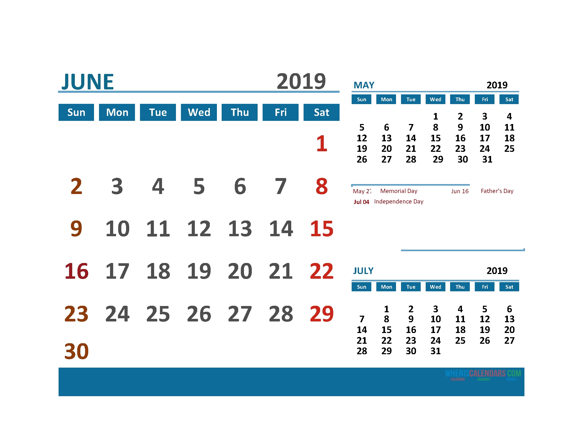 Printable Calendar June 2019 With Holidays 1 Month On 1 Page Free 