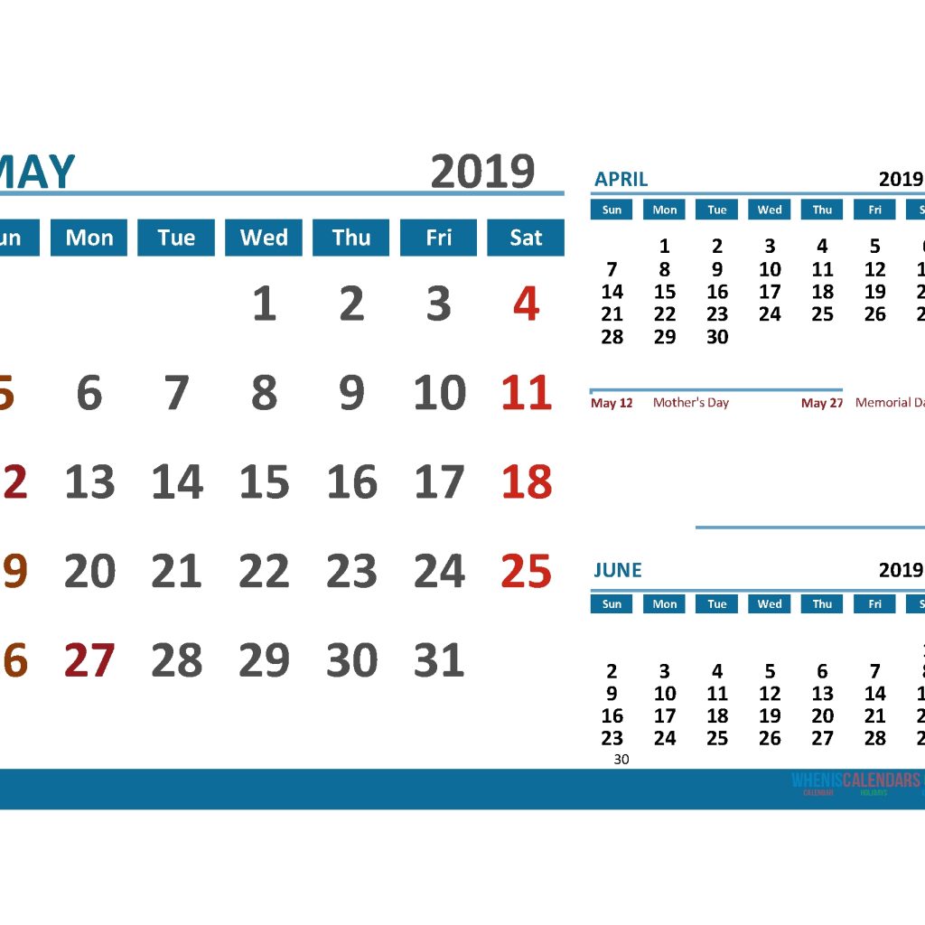 Printable Calendar May 2019 With Holidays 1 Month On 1 Page Free