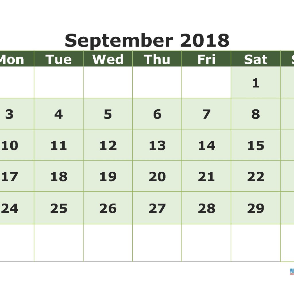 Printable Calendar September 2018 With Week Numbers Monday Free