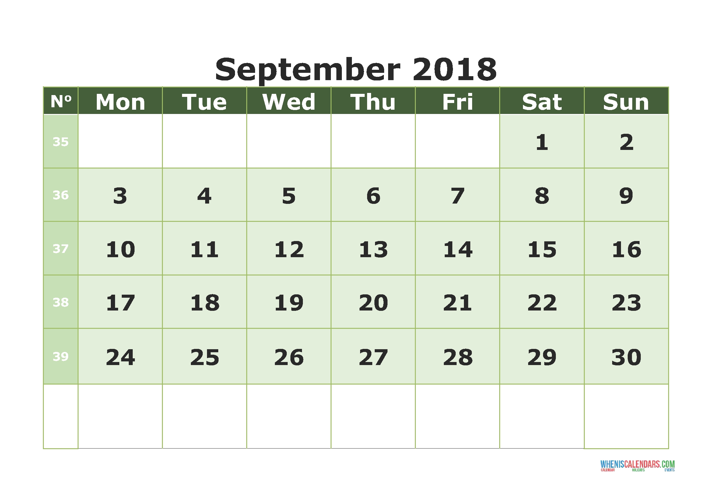 Printable Calendar September 2018 With Week Numbers Monday Free 