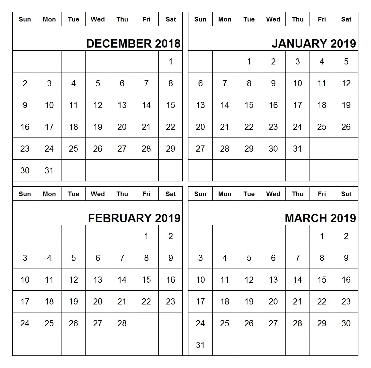 Printable December 2018 January 2019 February 2019 March 2019 