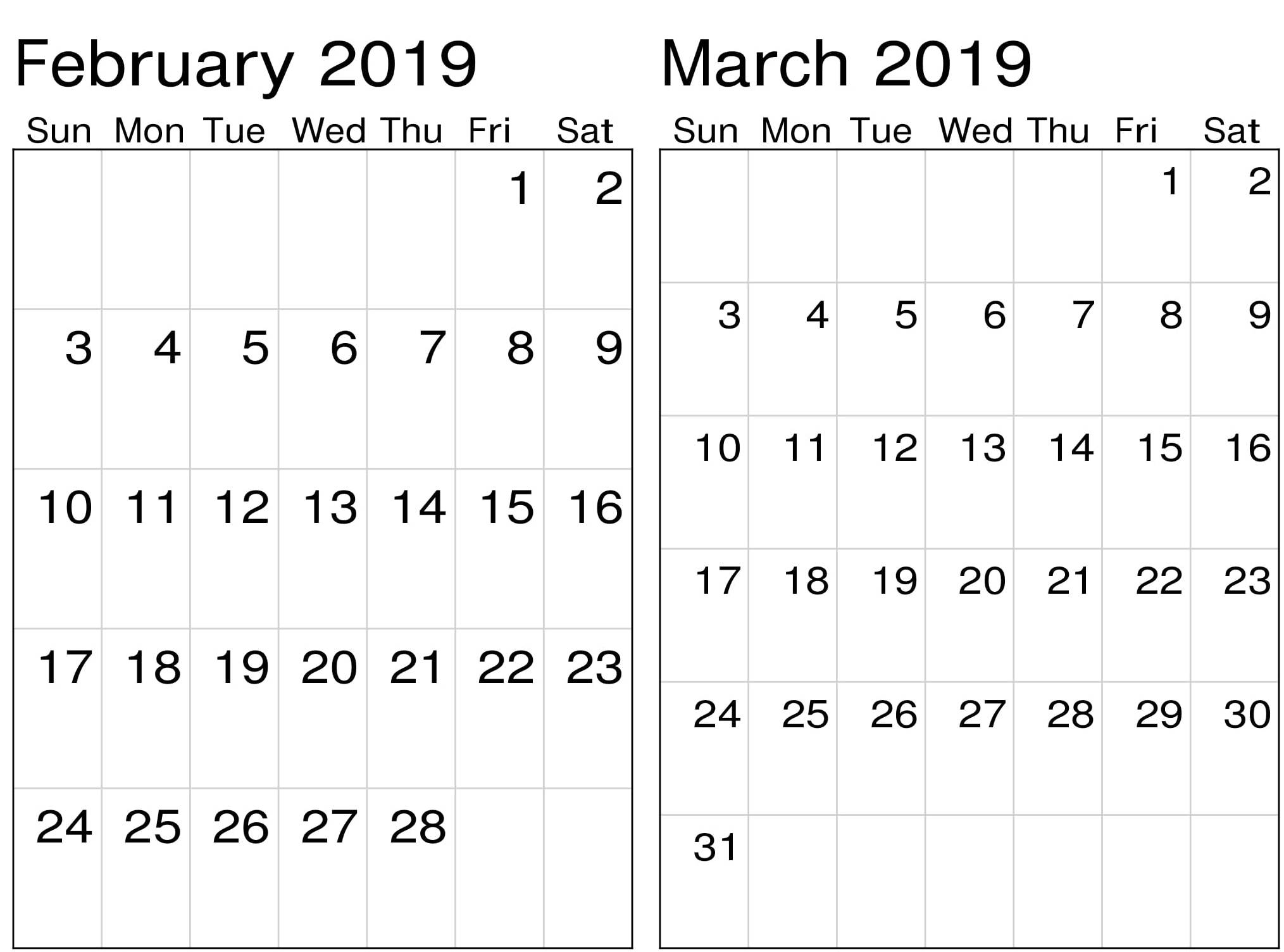 Printable February And March 2019 Calendar Printable 2018 