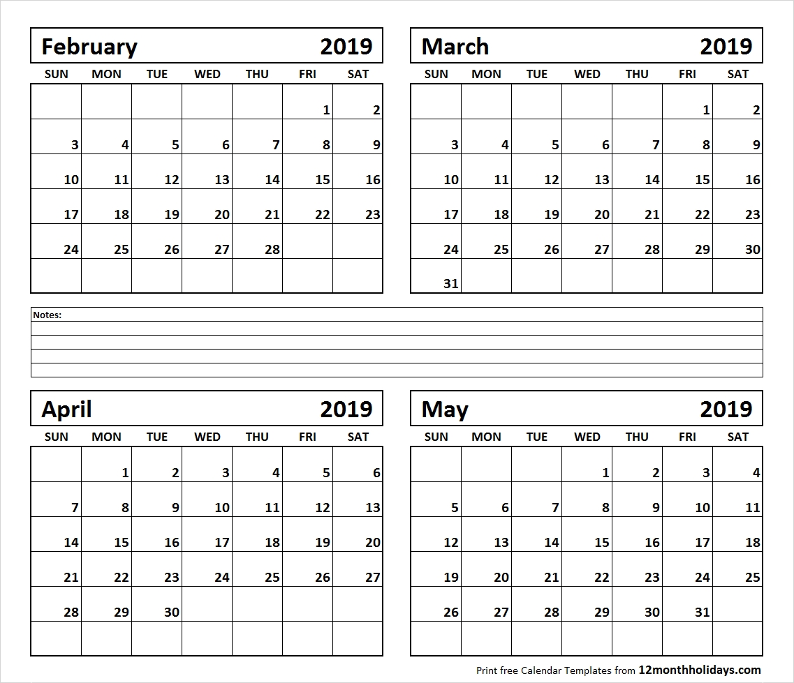 Printable Four Month February March April May 2019 Calendar Template 