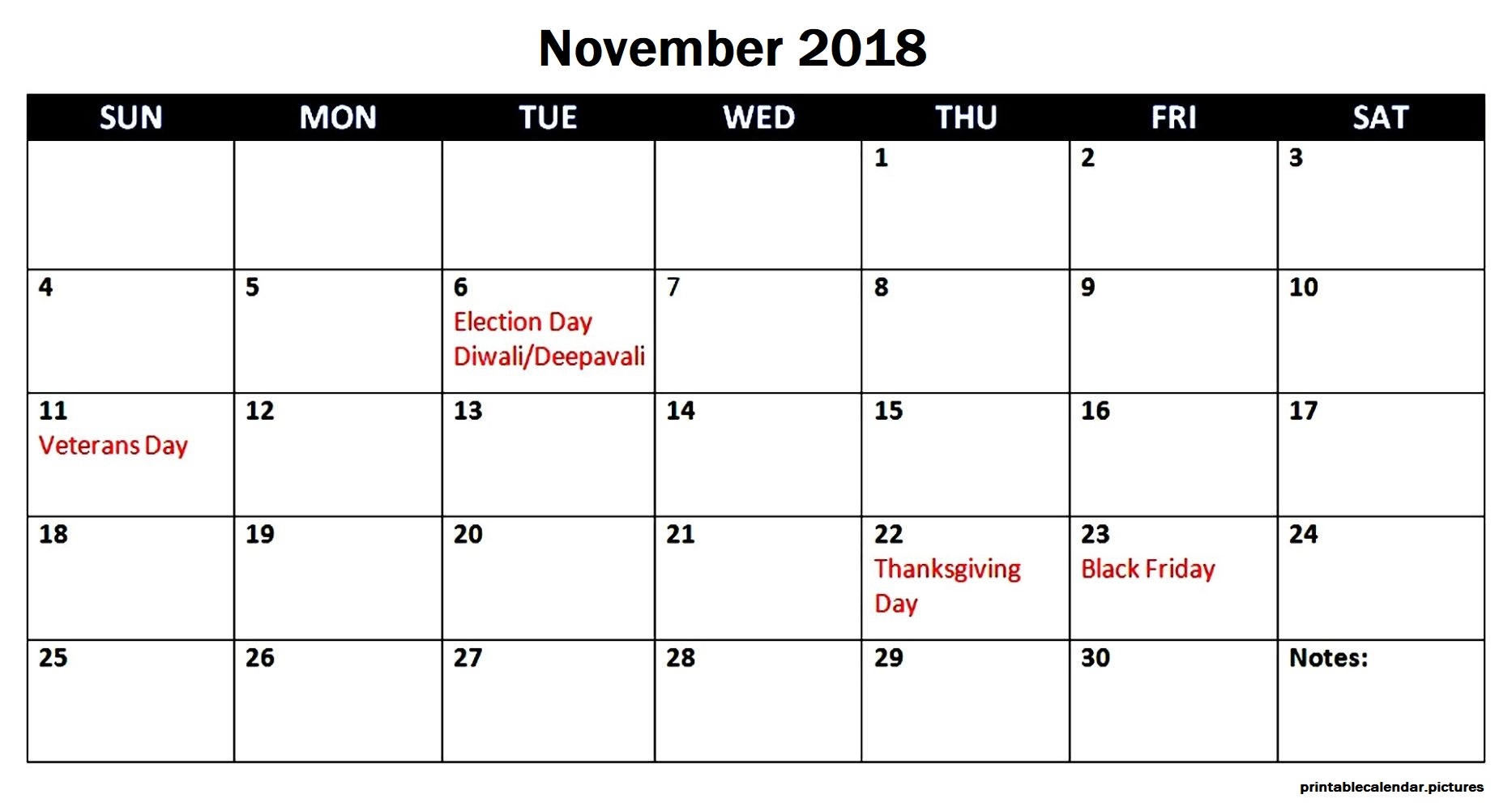 Printable November 2018 Calendar Usa With Holidays 