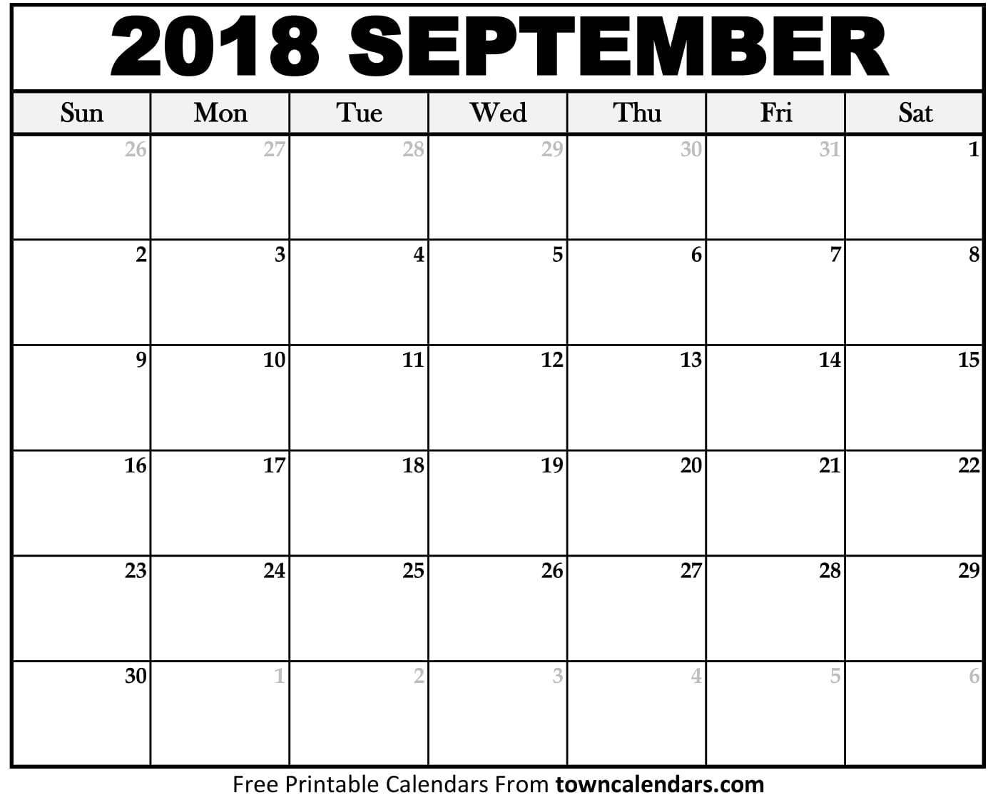 Printable September 2018 Calendar Towncalendars