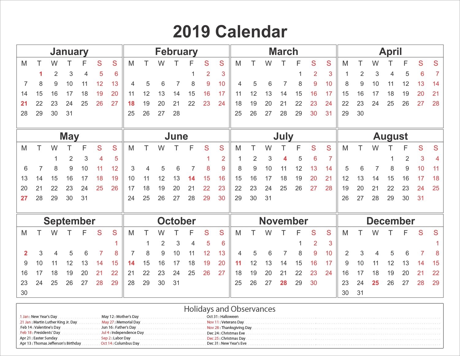 Printable Yearly Printable 2019 Calendar Pdf Template 