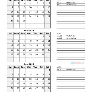 Quarterly Calendar 2019 With Holidays April May June 2019 Free