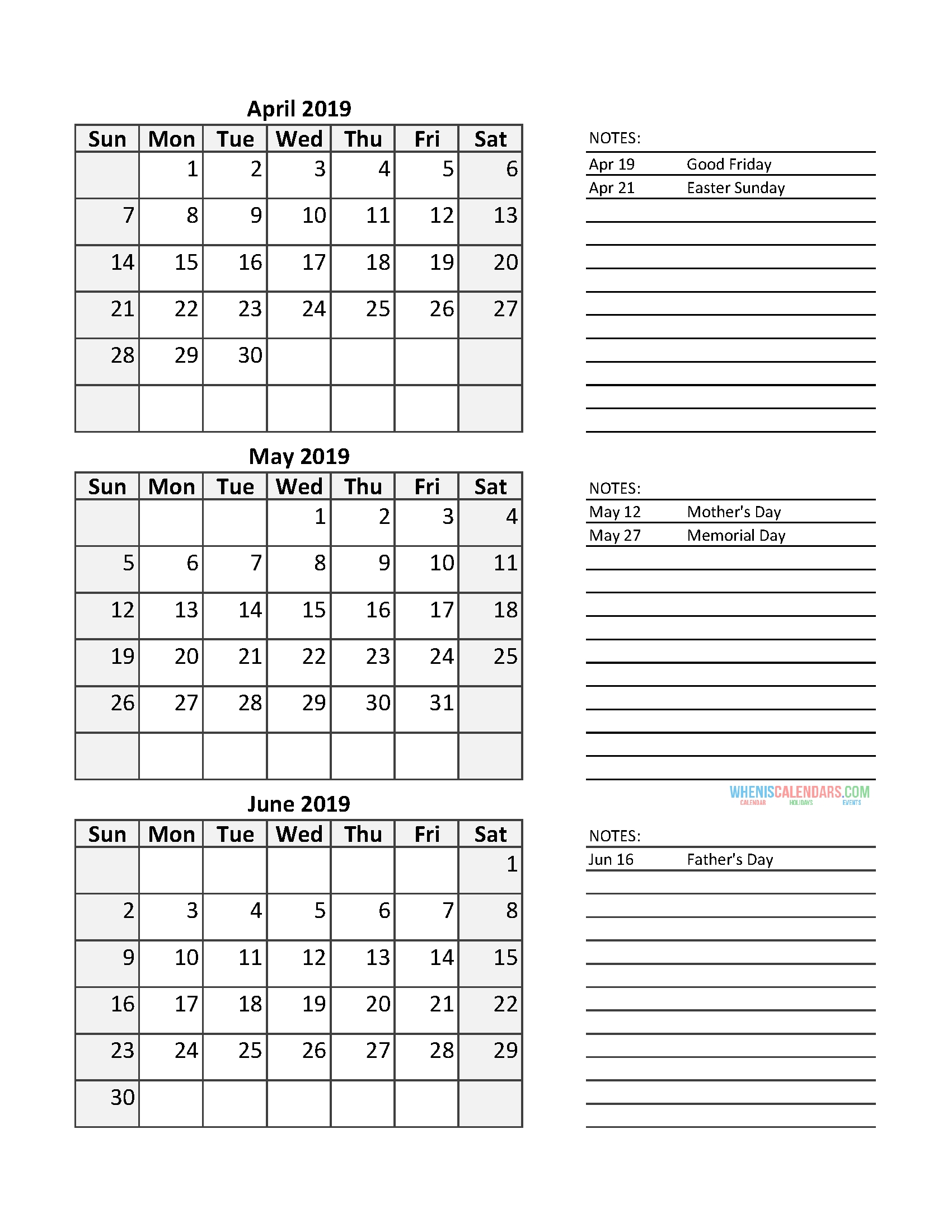 Quarterly Calendar 2019 With Holidays April May June 2019 Free