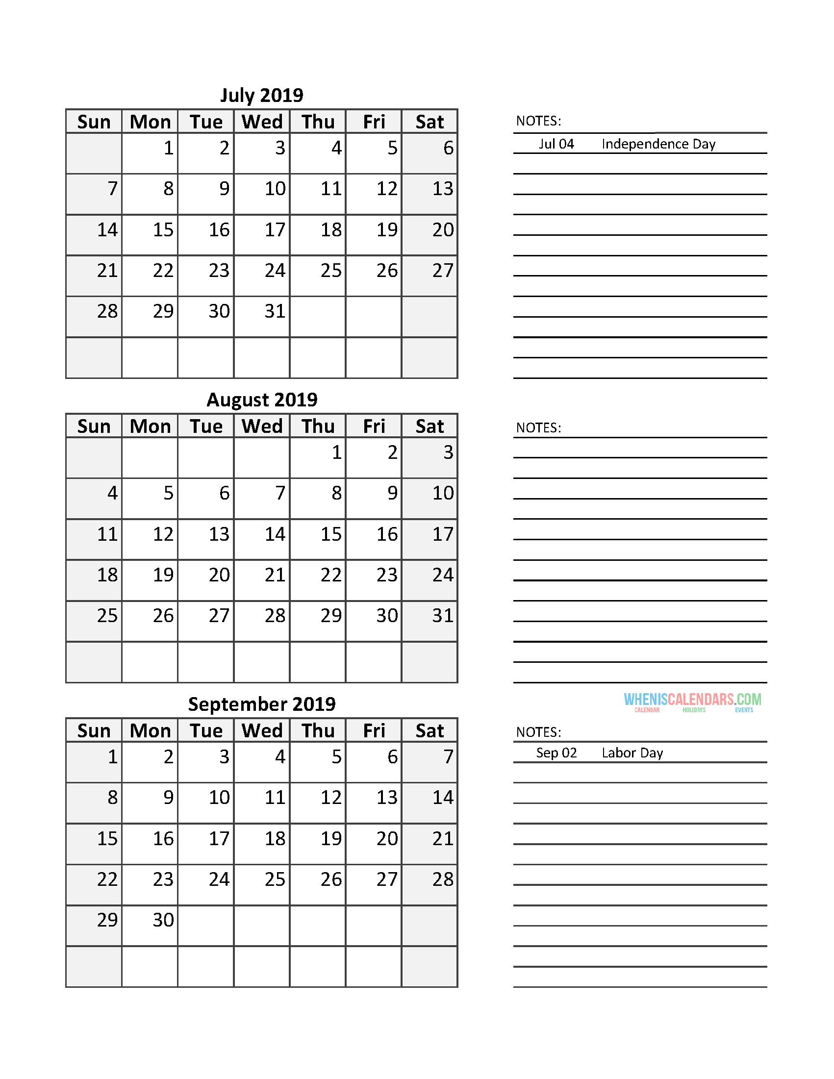 Quarterly Calendar 2019 With Holidays July August September 2019 