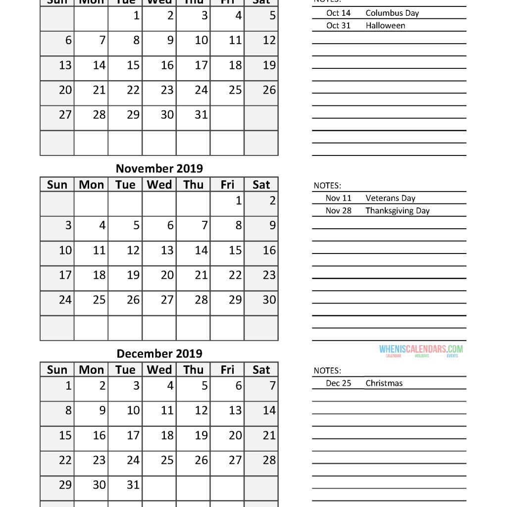 Quarterly Calendar 2019 With Holidays October November December