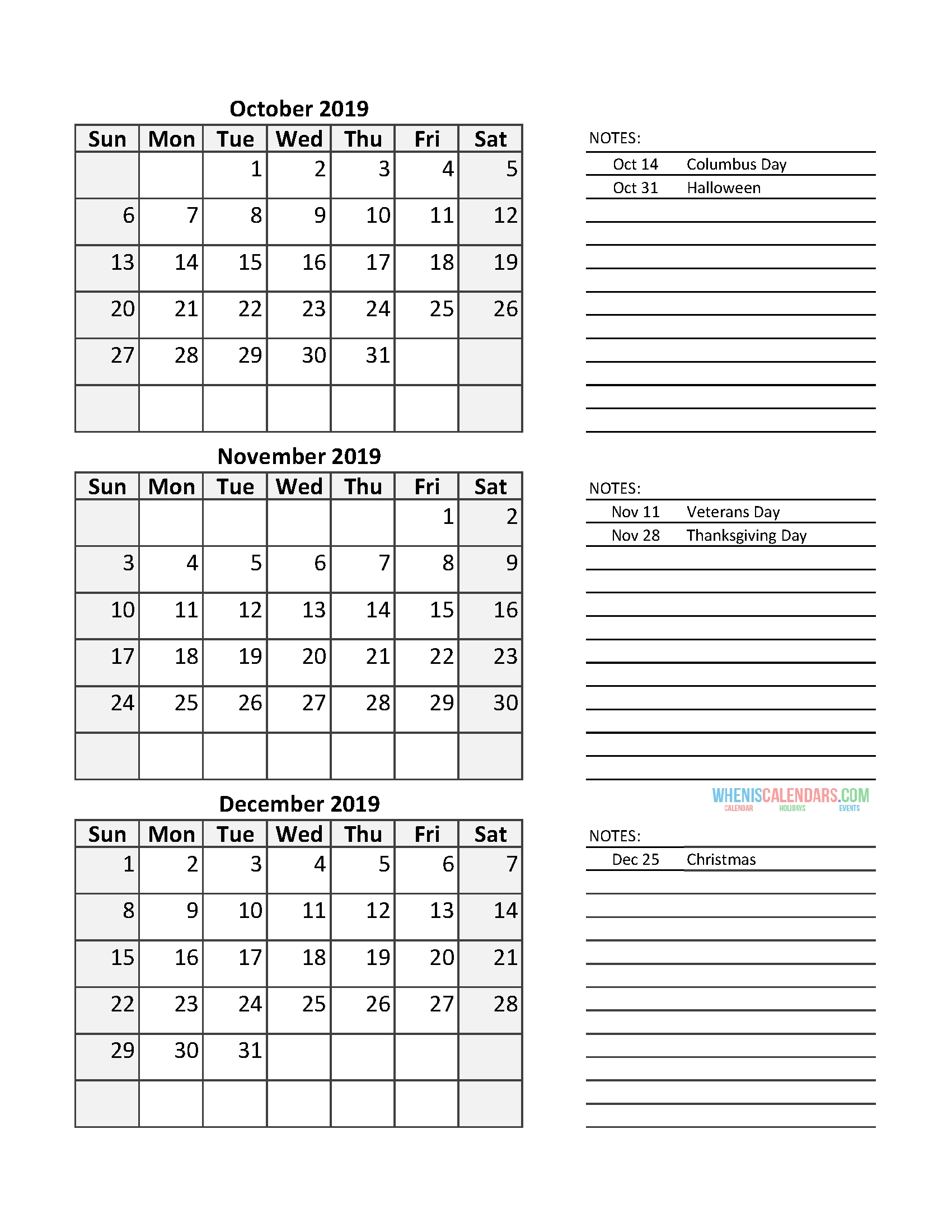 Quarterly Calendar 2019 With Holidays October November December