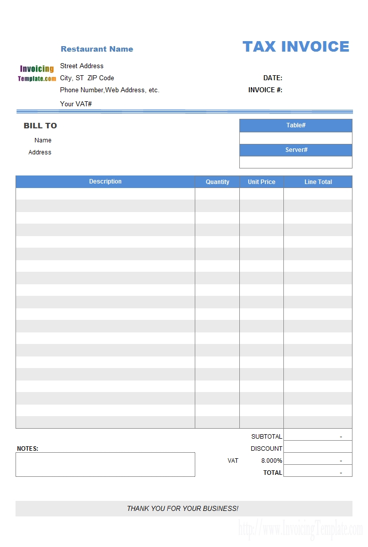 Restaurant Dining Invoice Template Vat