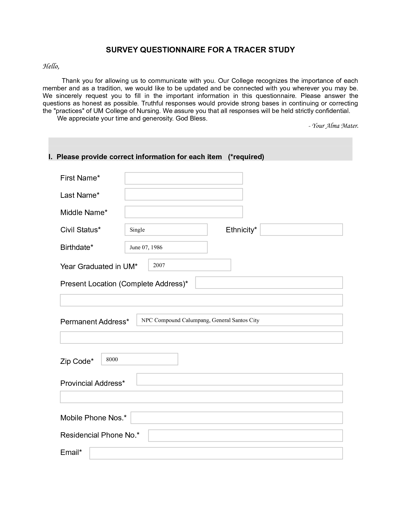 Sample Survey Questionnaire Template Seckinayodhyaco 