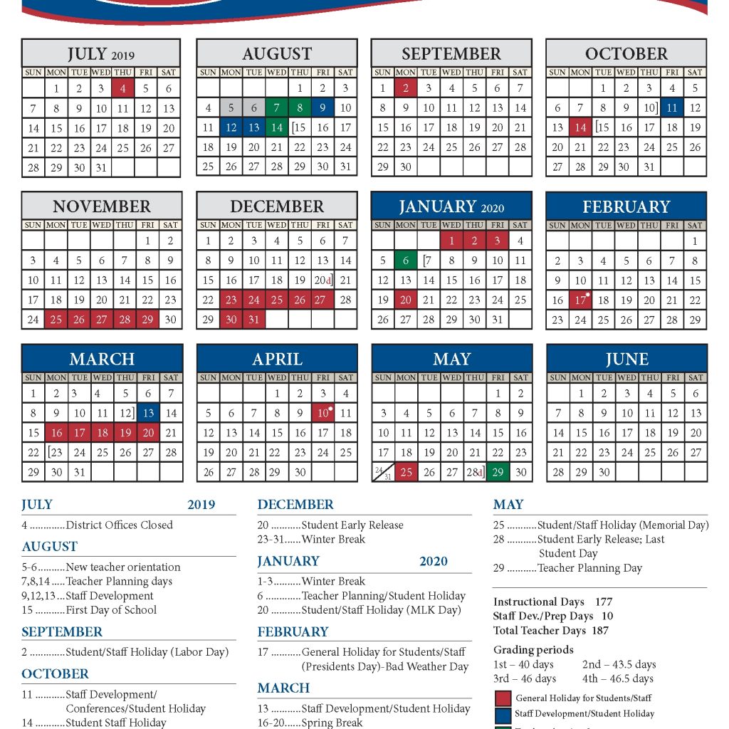 School Year Calendar 2019 2020 District Calendar