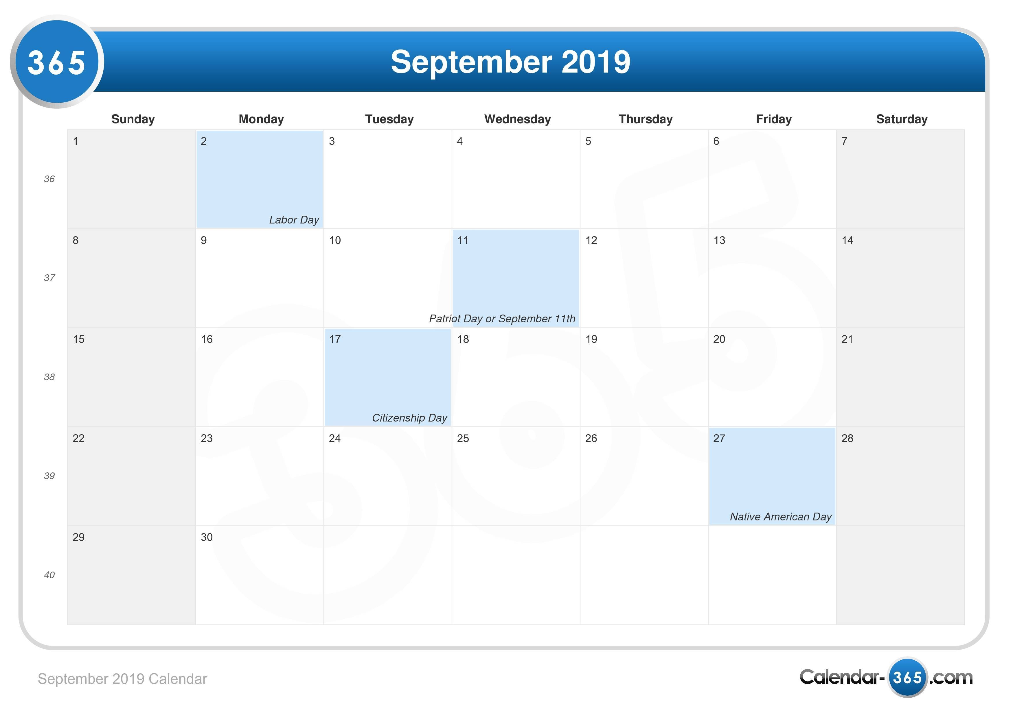 September 2019 Calendar 