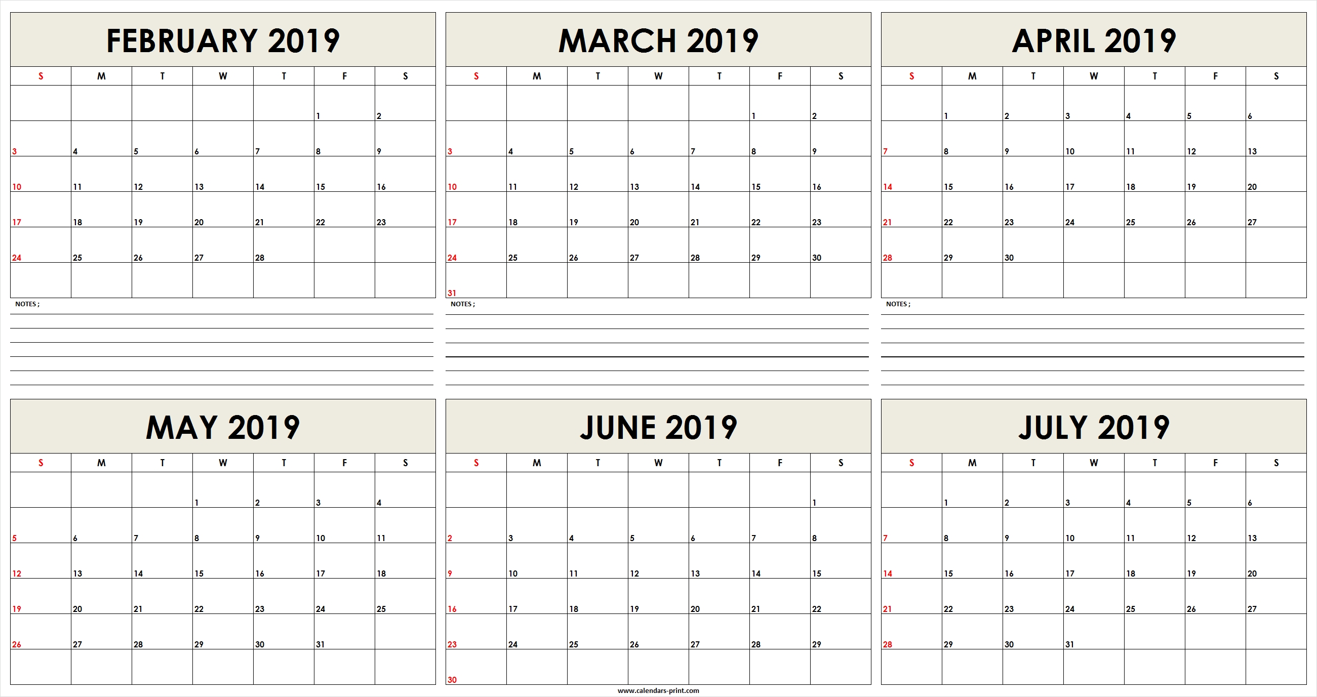 Six Monthly February 2019 To July 2019 Calendar Template Editable 