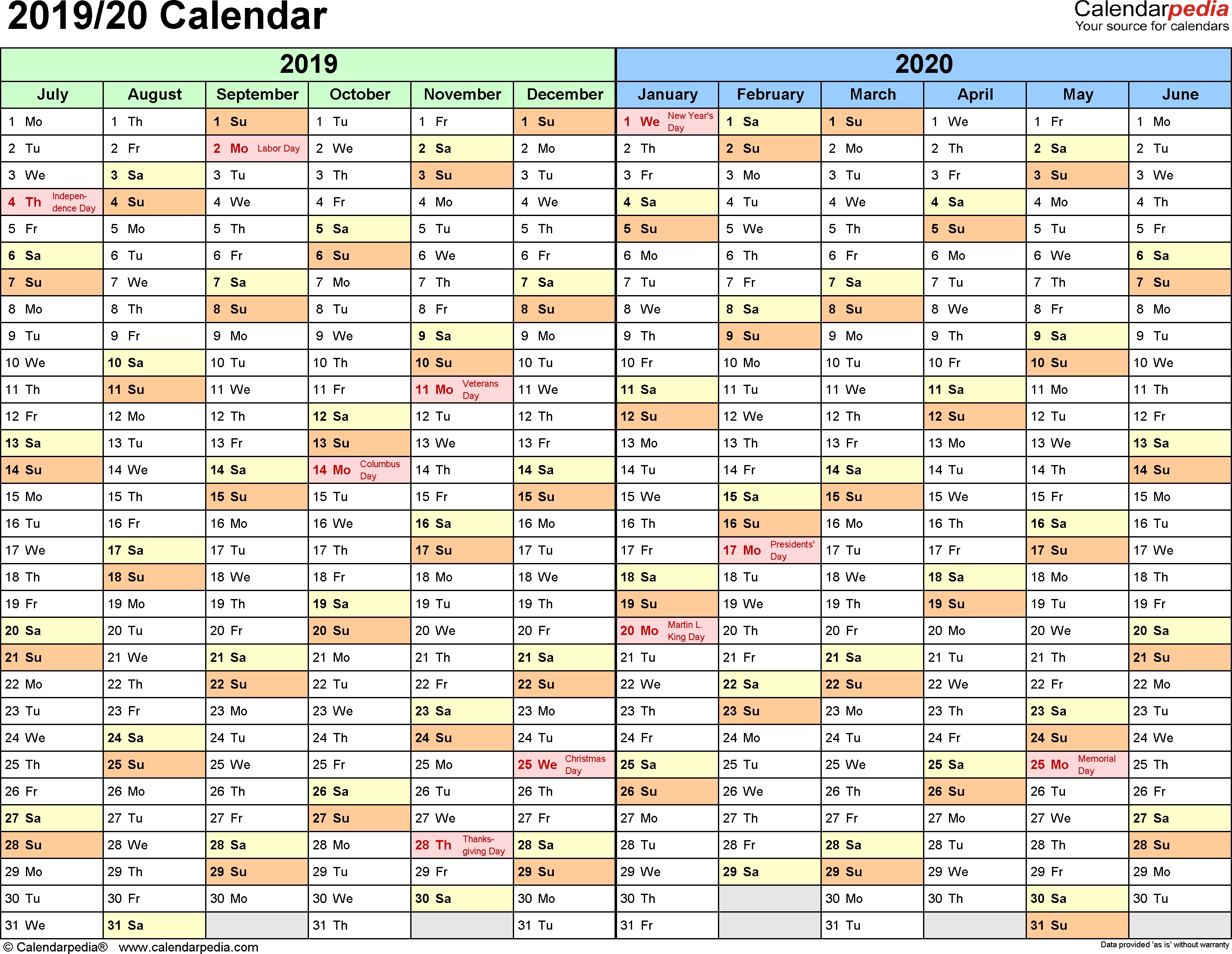 Split Year Calendar 201920 July To June Pdf Templates