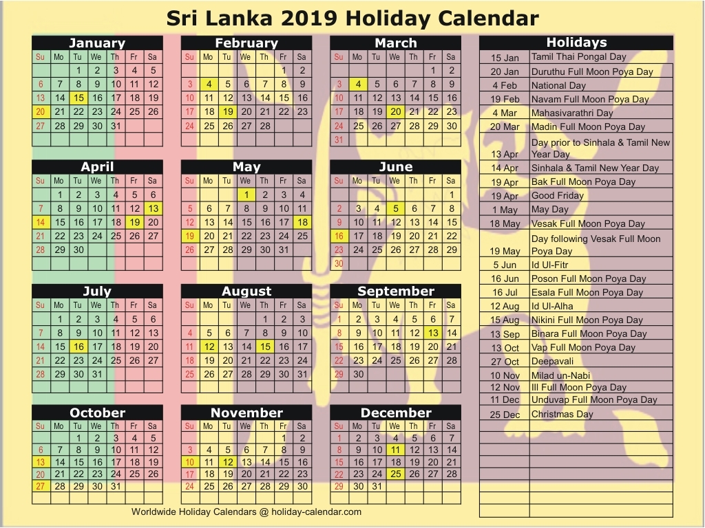 Sri Lanka 2019 2020 Holiday Calendar 