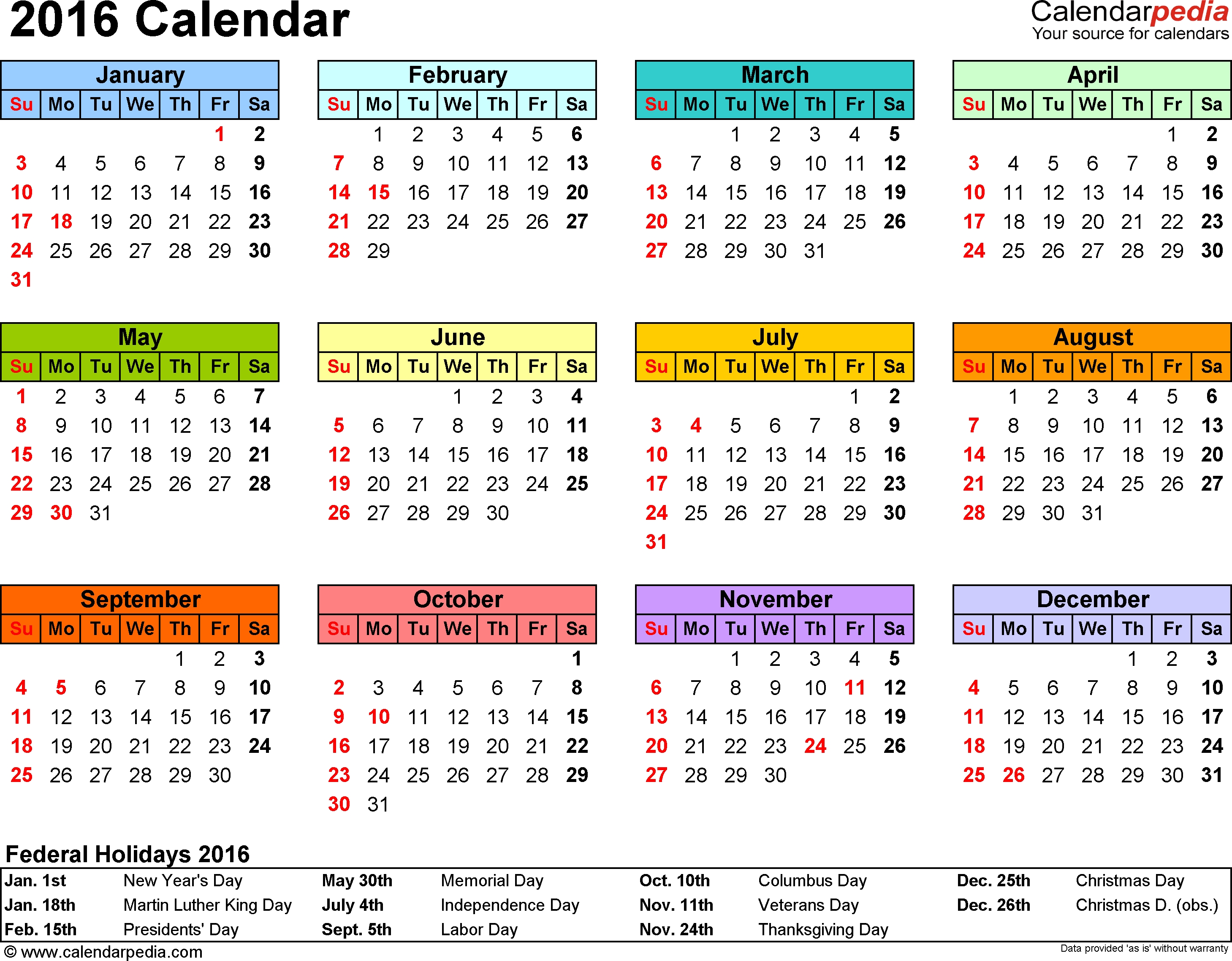 Template 7 2016 Calendar For Pdf Year At A Glance 1 Page In