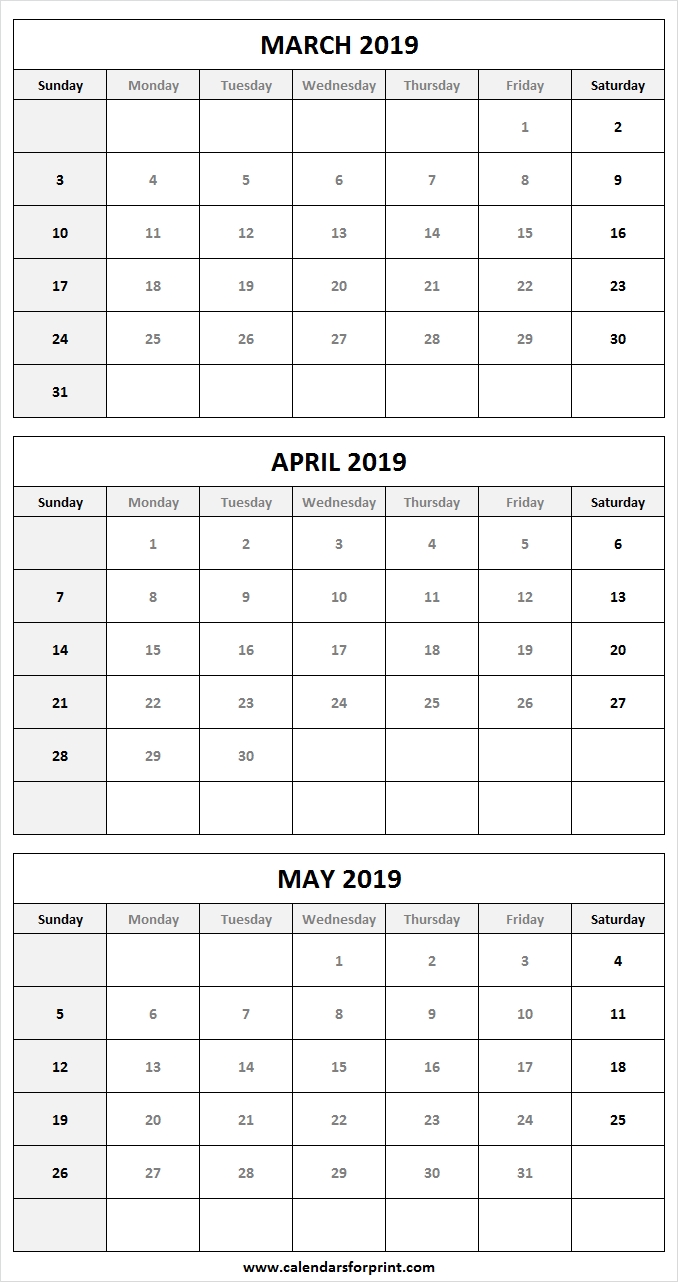 Three Month Calendar March April May 2019 3 Months 2019 Calendar 