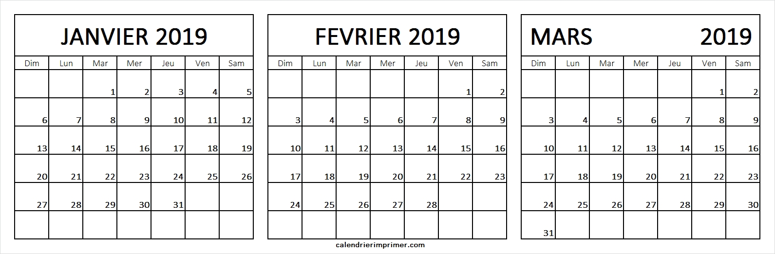 Trois Mois Calendrier Janvier Fevrier Mars 2019 Vacances Imprimer