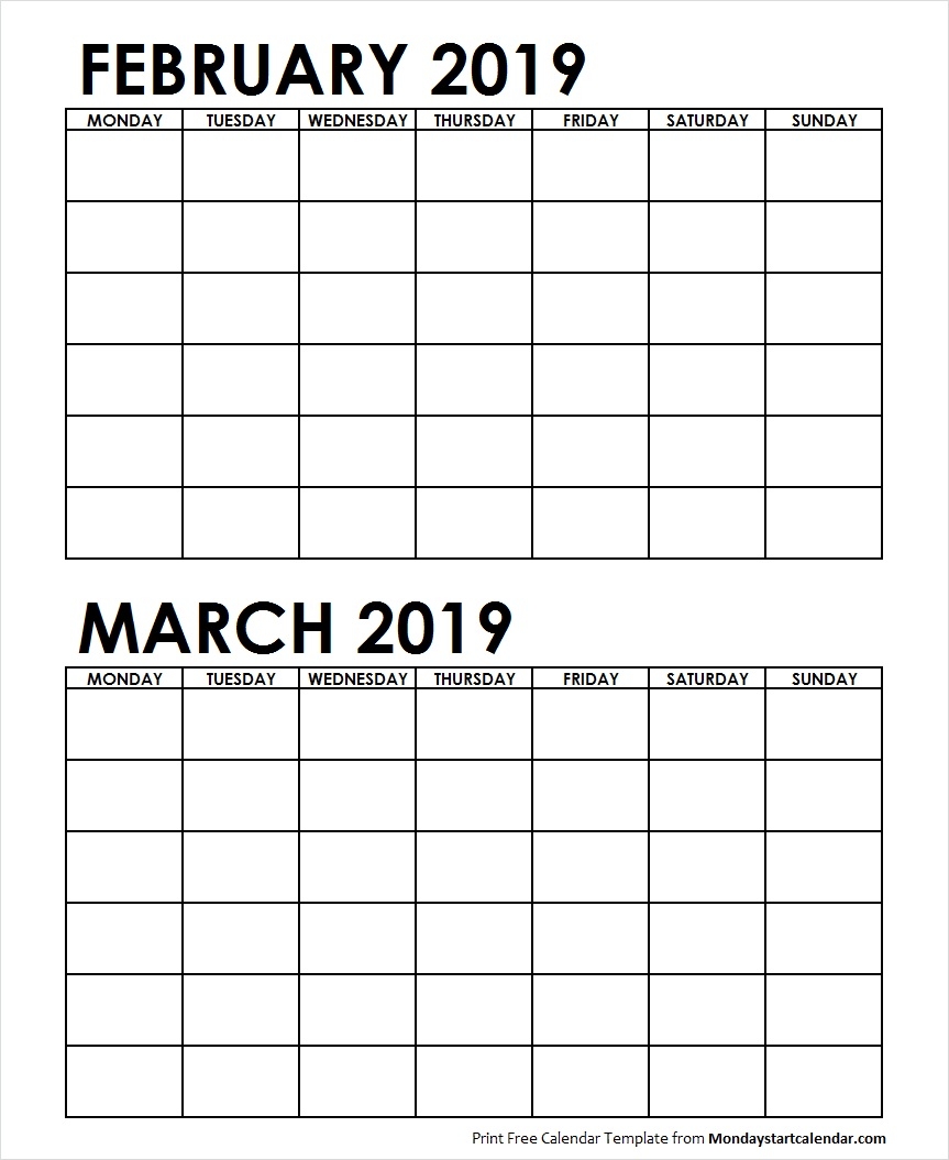 Two Month February March 2019 Calendar Blank Template 