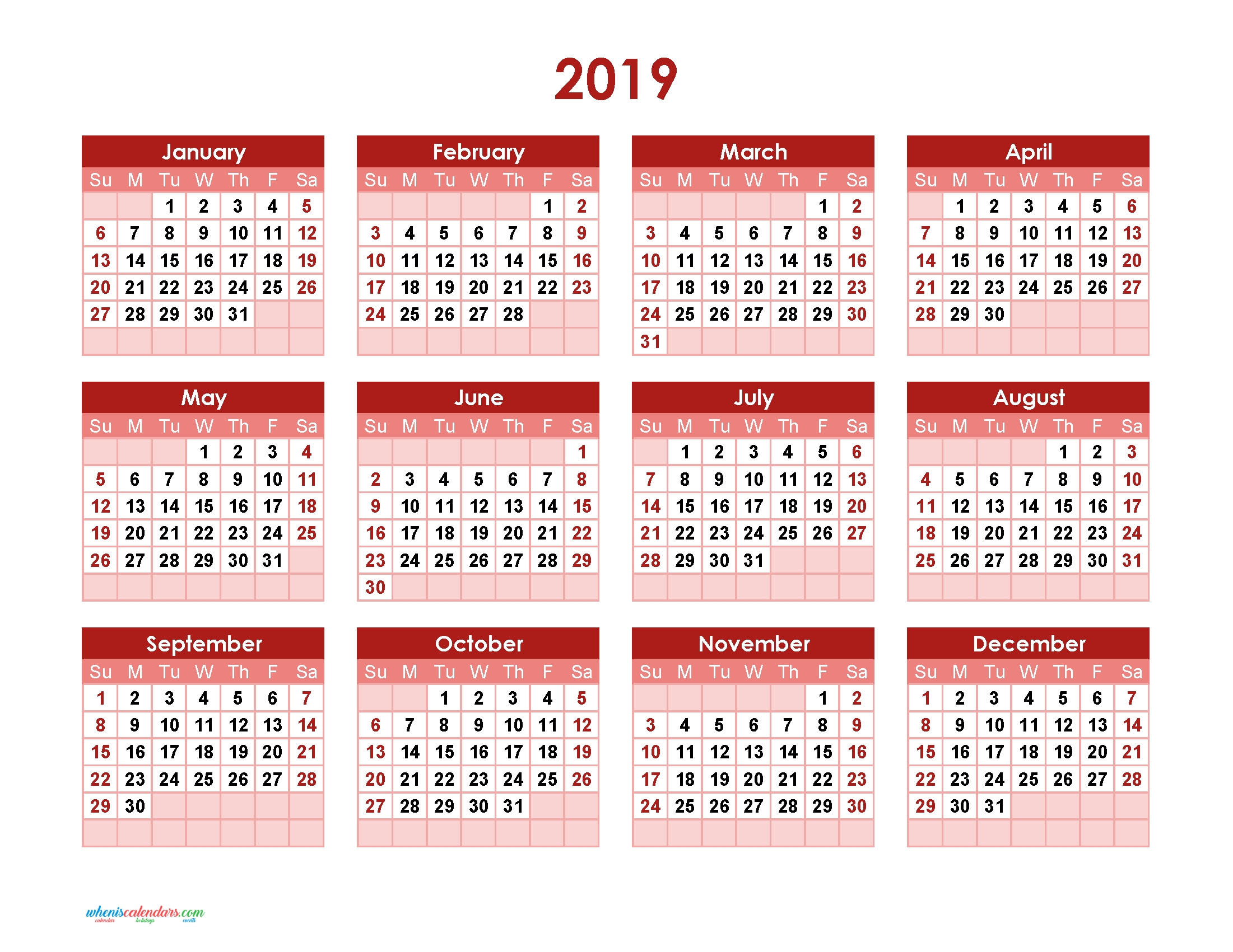 Yearly Calendar 2019 Printable Full Year Calendar 2019 Theme Vapor 