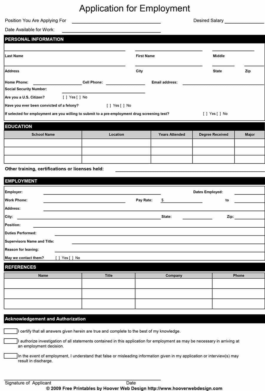 50 Free Employment Job Application Form Templates Printable 