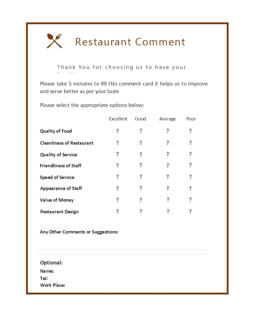 50 Printable Comment Card Feedback Form Templates Template Lab