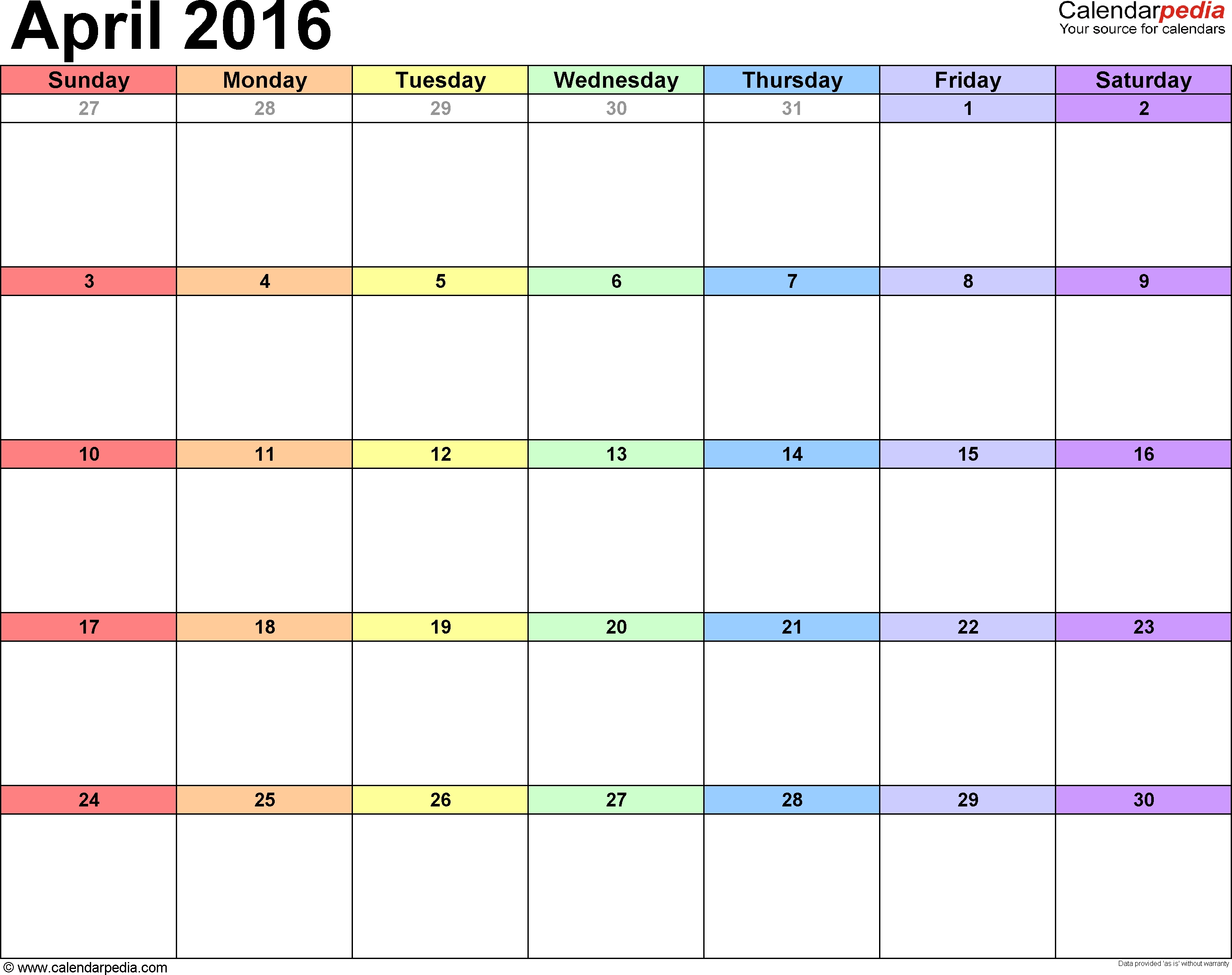 April 2016 Calendars For Word Excel Pdf 