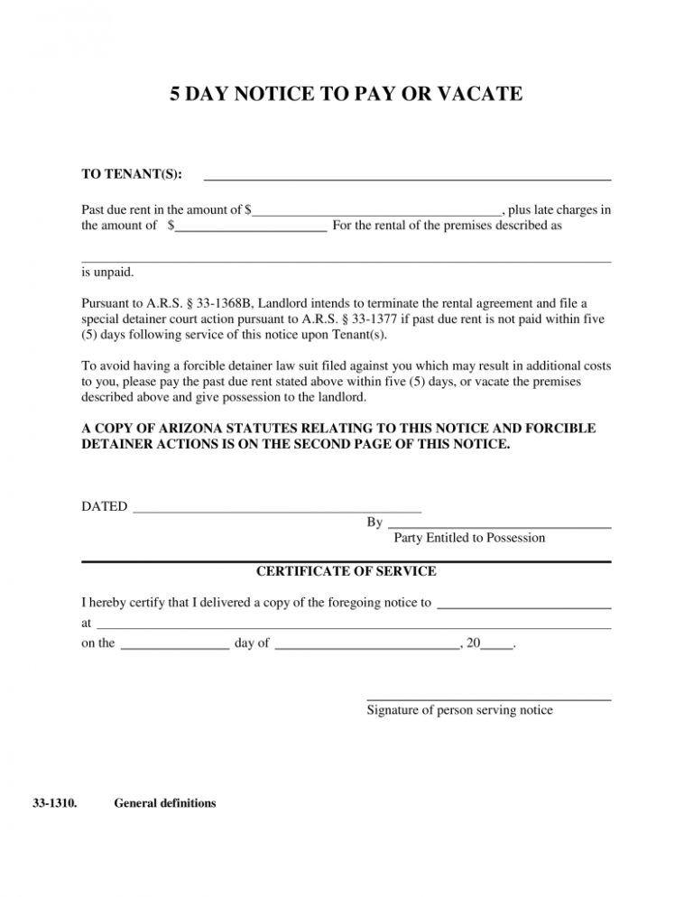 Arizona 5 Day Notice To Pay Or Vacate Form Notice To Quit Eforms | Qualads