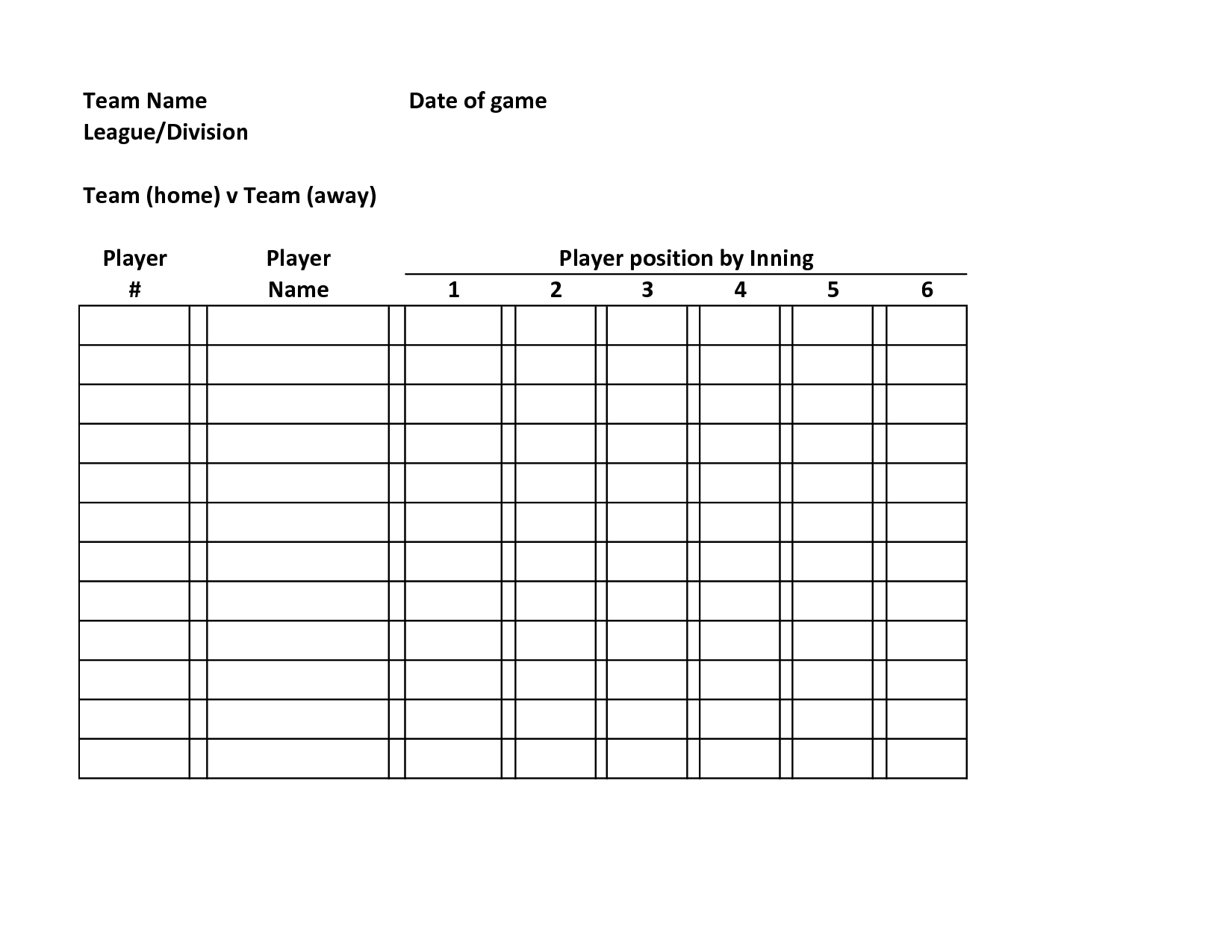 Baseball Lineup Defensive Baseball Roster Template Team Name Date 