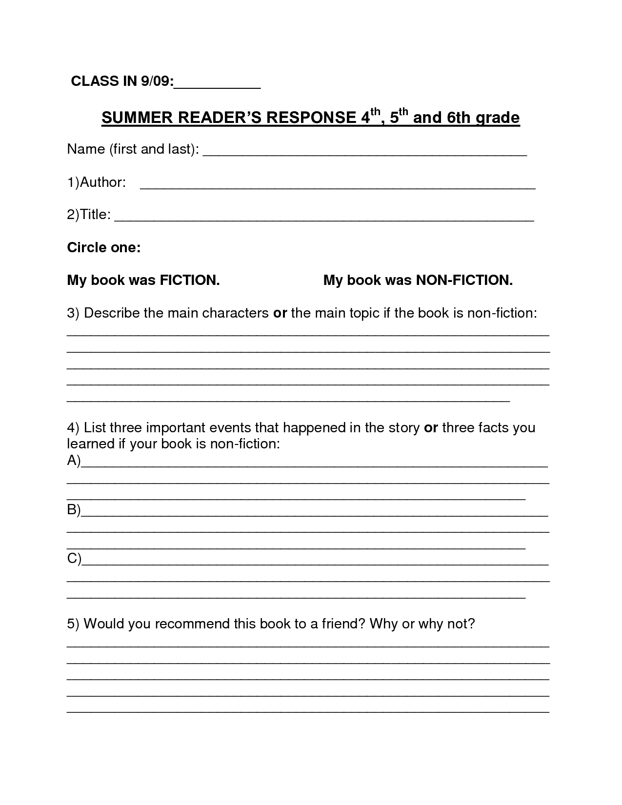 Book Report Template Summer Book Report 4th 6th Grade Download