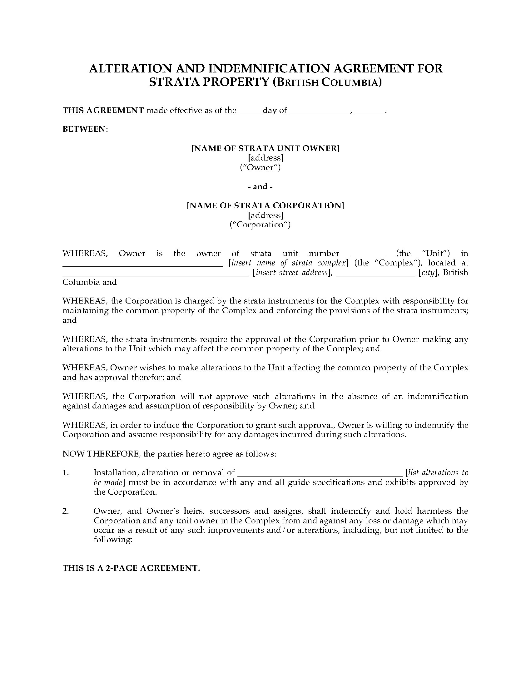 British Columbia Strata Alteration Agreement Legal Forms And